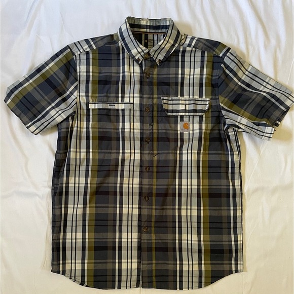 Carhartt Other - Carhartt RCE Men's Short Sleeve Sz L Button Blue Plaid Relax Fit Side Zip Pocket
